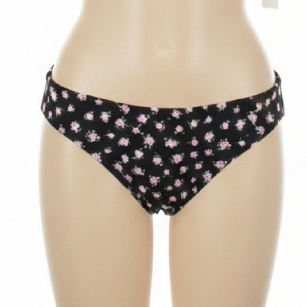 NWT Victoria's Secret Pink Ruched Brief Bikini Bottom Black Pink Floral, Sz L